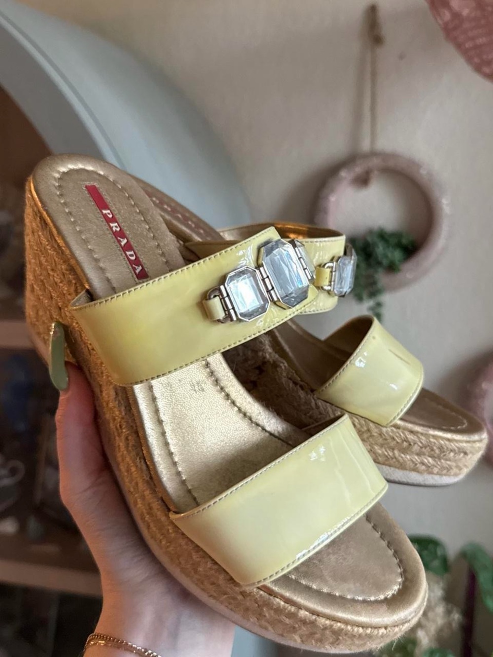 8 / Prada Yellow Patent Wedge Sandals with Crystal Accents